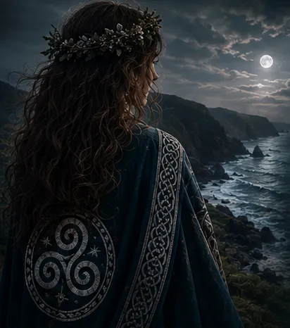Illustration: Eine Frau mit Blütenkranz und keltisch besticktem Umhang blickt bei Vollmond auf die galicische Atlantikküste.